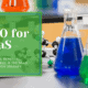 Science lab with beakers filled with green and blue liquids, with article title overlayed